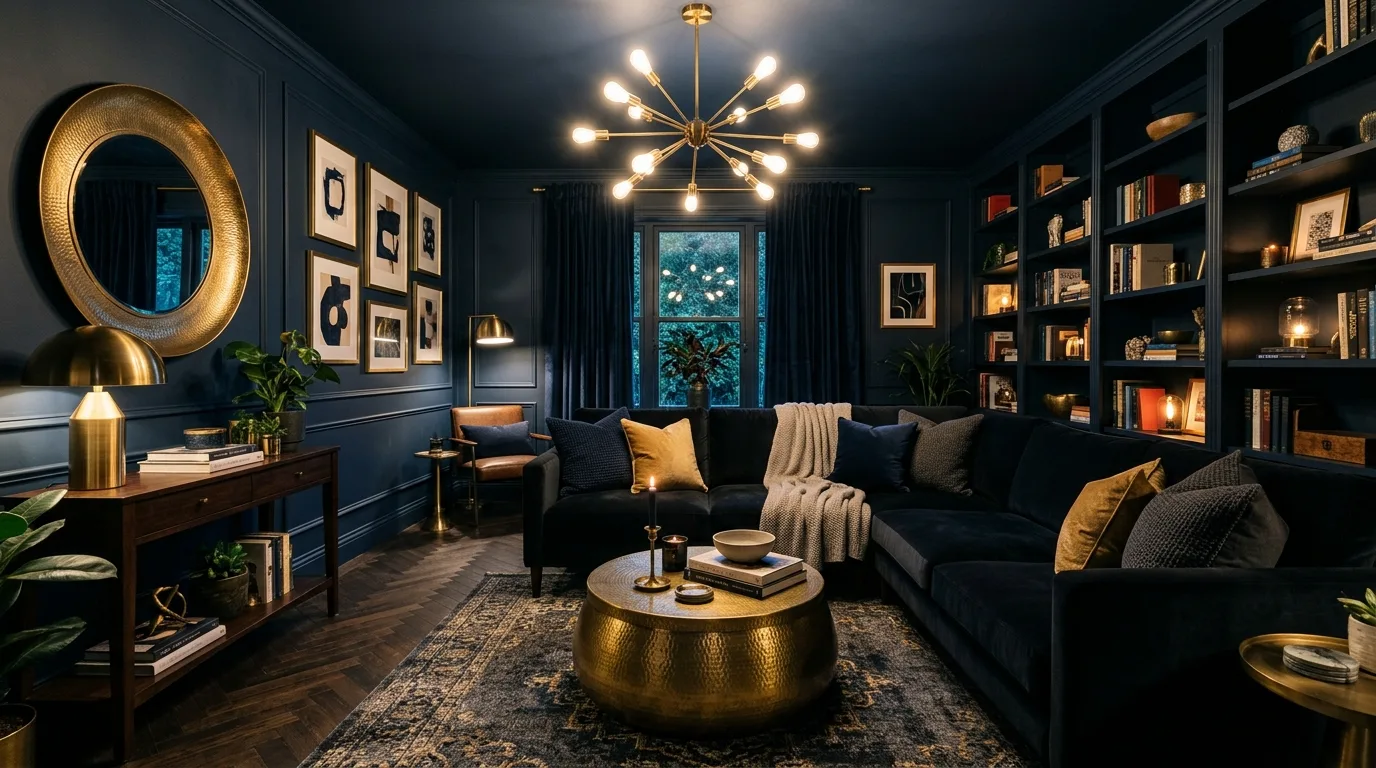 Bold moody living room designed as a dramatic and cozy space.